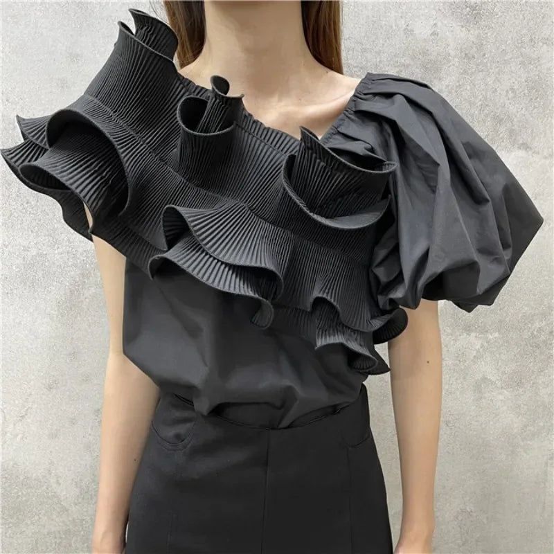 🍒Irregular ruffles blouse puff short sleeve shirt  summer party tops  for women occasion wear evening wear No Need To Ruffle Your Feathers Ruffles