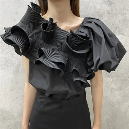 🍒Irregular ruffles blouse puff short sleeve shirt  summer party tops  for women occasion wear evening wear No Need To Ruffle Your Feathers Ruffles