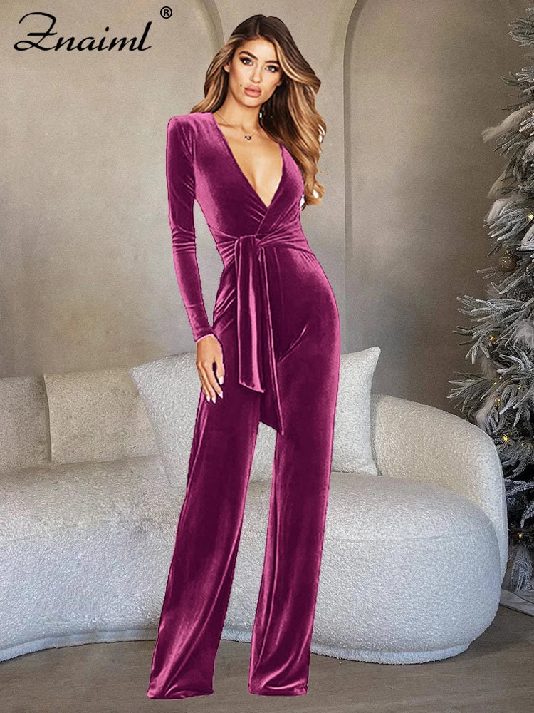 🍒 Velvet jumpsuit black and colours women's autumn winter v- neck jumpsuit outfit solid colour long flare leg one piece office lady clothing