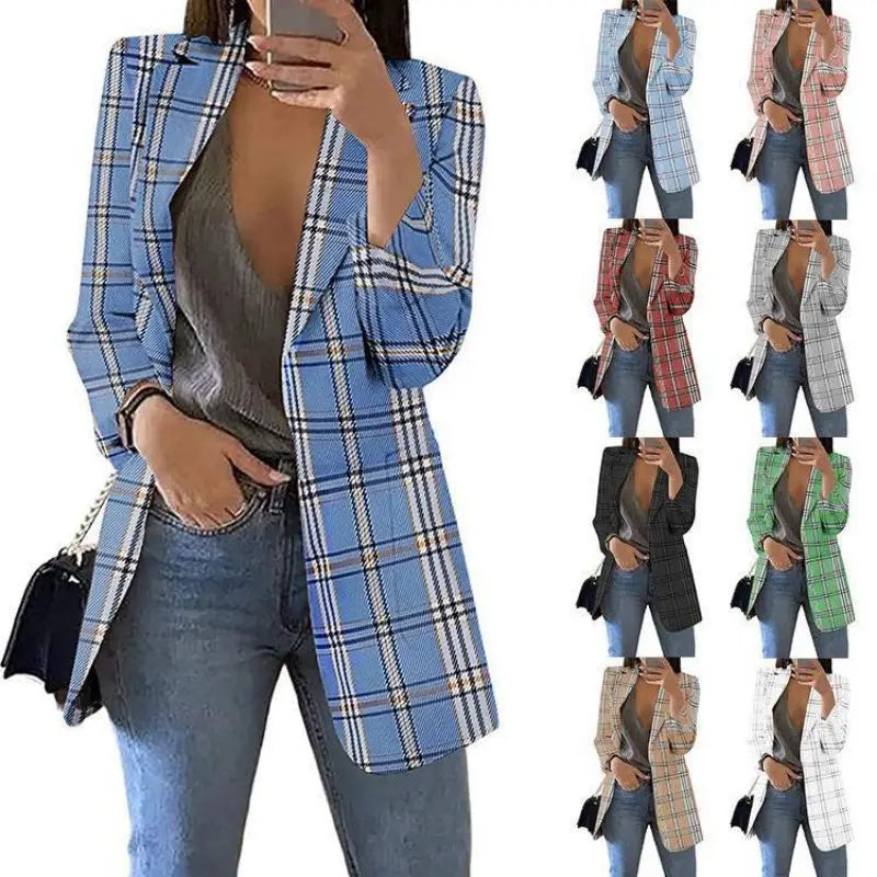 🍒Womans plaid blazer spring autumn long sleeve light coat with lapel plus size jacket office wear Slim female casual clothes Profesh’ Playful Plaids