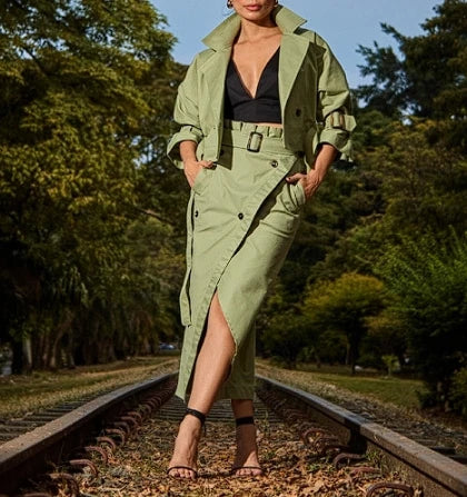 🍒Women's two-piece set versatile smart casual wear for women belt button skirt and matching crop jacket retro elegant fashion wears Button Up And Get This Crop