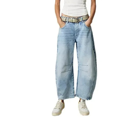 🍒Loose mid waist Jeans bleached denim style full length pants fashion solid colour trousers with pockets casual wear for women Barrels Of Style