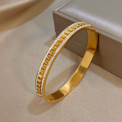 🍒Irregular geometric wave stainless steel bracelet with rhinestones exquisite gold colour cuff bangle smart casual Jewellery accessories Gifts Glitz Up Your Hand With A Band