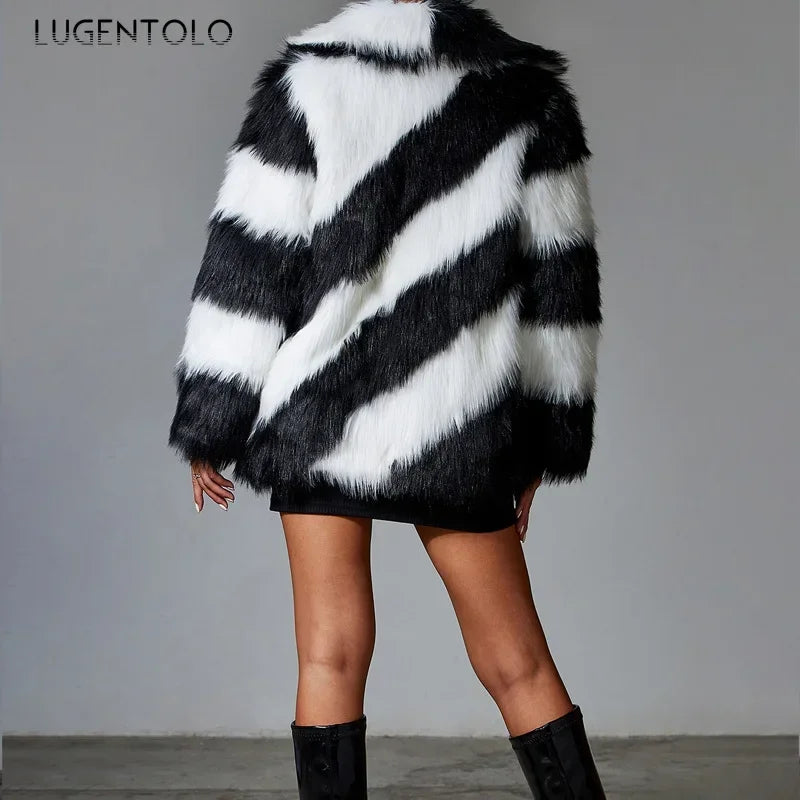 🍒Fluffy faux fur jacket autumn winter lapel coat female smart causal outerwear striped  for women ocassion party overcoat Get On The A-List vibe With A Z-(eberdy)List