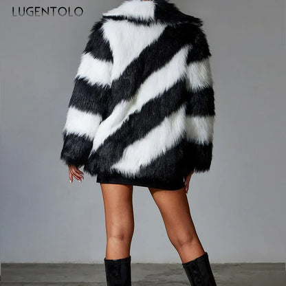🍒Fluffy faux fur jacket autumn winter lapel coat female smart causal outerwear striped  for women ocassion party overcoat Get On The A-List vibe With A Z-(eberdy)List