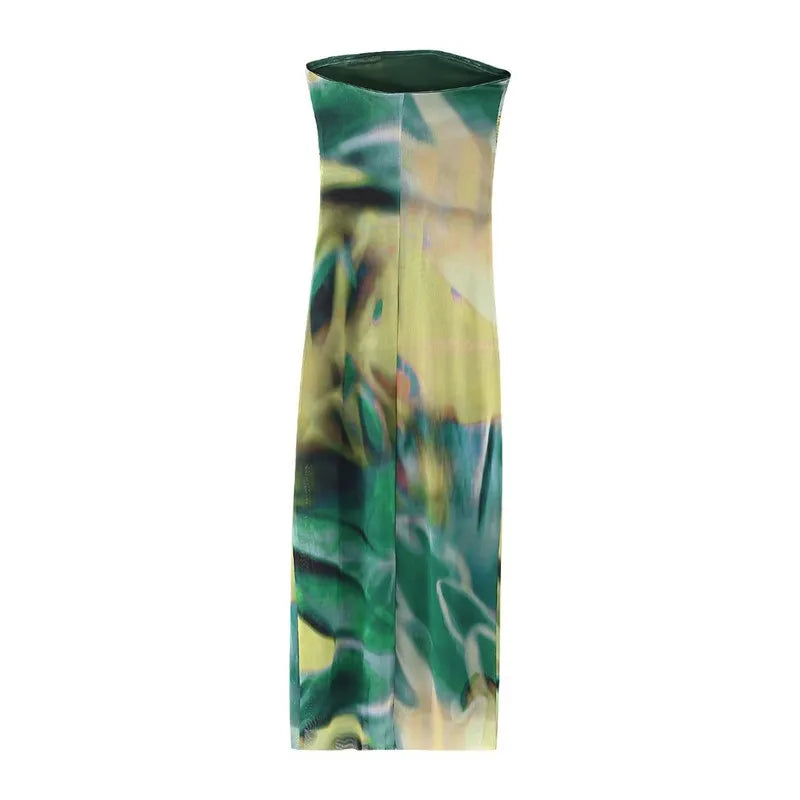 🍒Shoulderless corset dress long printed outfit for women ruched midi summer dress mesh bodycon fill Up On Full flower Fashion