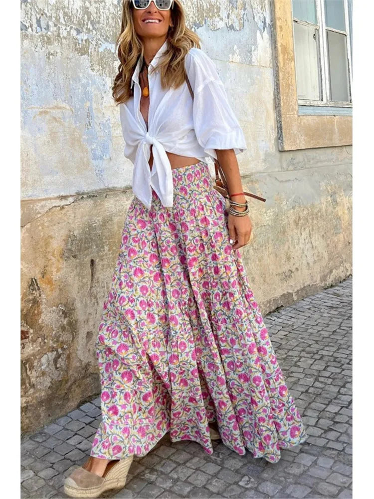 🍒Printed summer skirt boho summer fashions casual wear clothing beach party clothes loose a-line travel skirt elegant bohemian style wear Peacock In Pretty Pinks