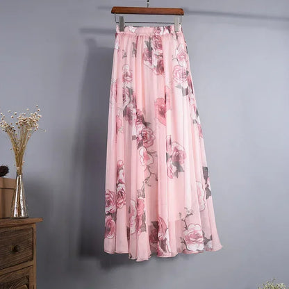 🍒Vintage bohemian long skirt full elegant chiffon fashion beach wear smart casual women high waist maxi skirt outfit summer Clothing Fill Your Basket With Roses