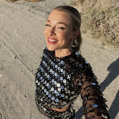 🍒Spring summer outfits women sequins mini dress flare sleeves o-neck fashion club wear party occasion wear irregular clothing DISCO-ver Sequin Style