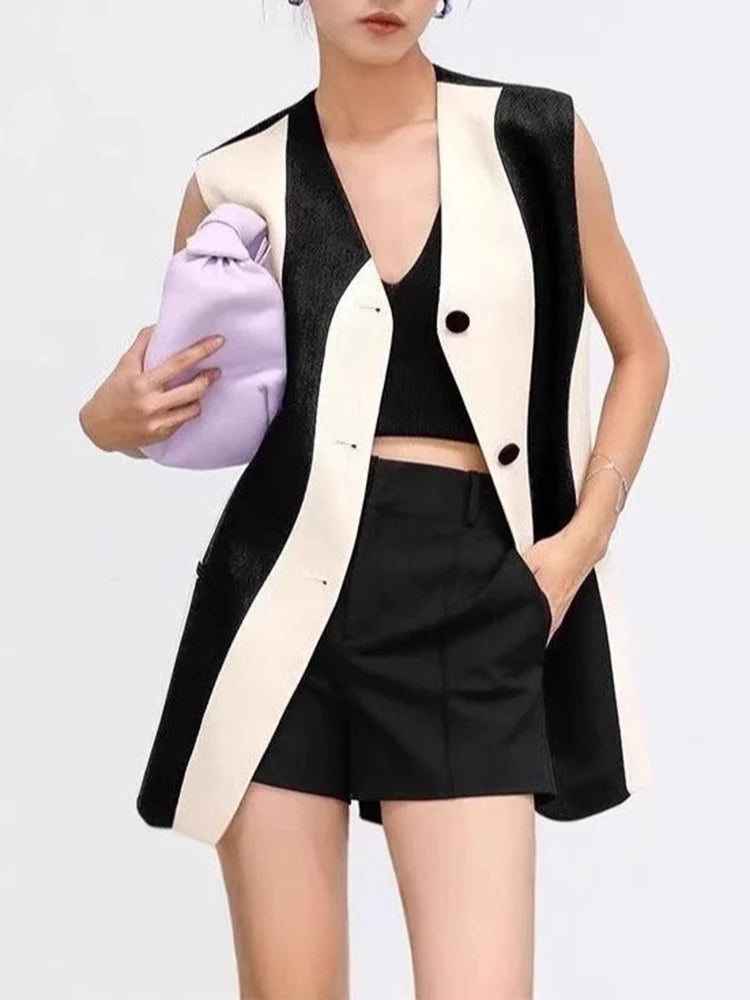 🍒Sleeveless waist coat top  v neck single breasted vest smart casual wear women versatile clothing female long vest jacket summer wear contrast colour fashion Jack-et Of All styles Master Of Fashion