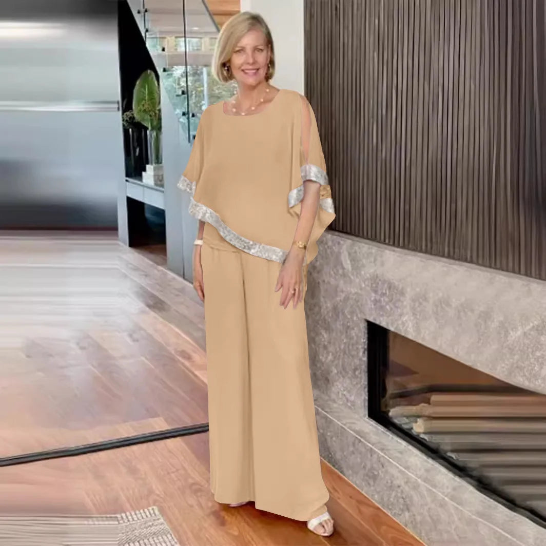 🍒Two-piece suit o-neck top and pants set for women summer fashion sequin bat wing top wide leg trousers occasion party wear Get Hold Of A Cold Shoulder And Warm Your Heart