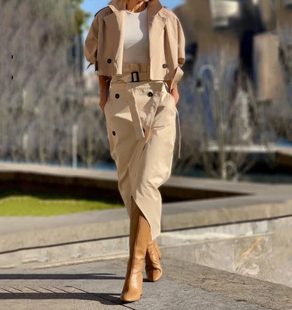 🍒Women's two-piece set versatile smart casual wear for women belt button skirt and matching crop jacket retro elegant fashion wears Button Up And Get This Crop