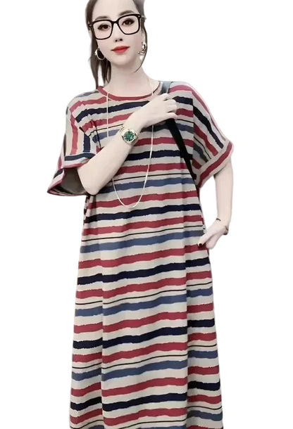 🍒Striped t-shirt dress A- line knee length outfit plus size slimming clothes for plus size women spring summer fashion   Stripe A- Pose