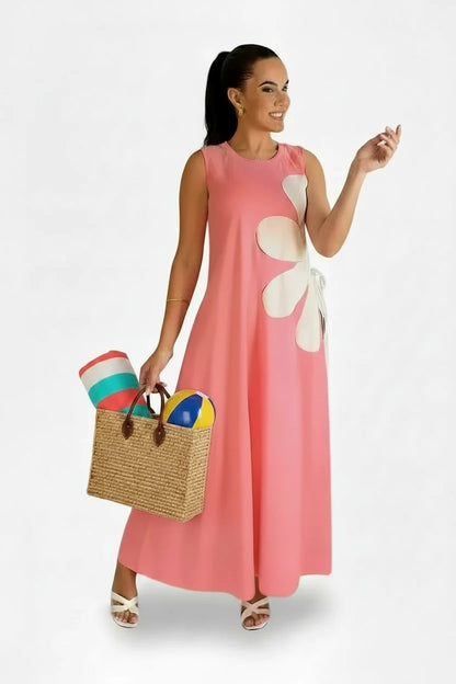 🍒Floral placement dress sleeveless summer fashion for women floral outfit printed waist hollow out maxi dress female casual wear holiday wear beach party clothing Sleeveless Back zipper vacation wear  Be A flower Girl On The Side