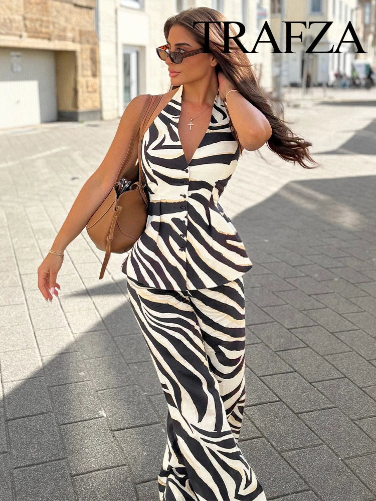 🍒Women summer holiday trousers and sleeveless top set single breasted top backless and elegant long high waist zipper pants loose fit Put your name aCROSS this ZEBRA and sING when you get it