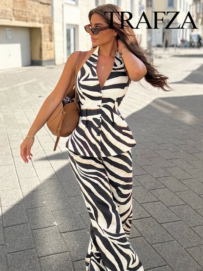 🍒Women summer holiday trousers and sleeveless top set single breasted top backless and elegant long high waist zipper pants loose fit Put your name aCROSS this ZEBRA and sING when you get it