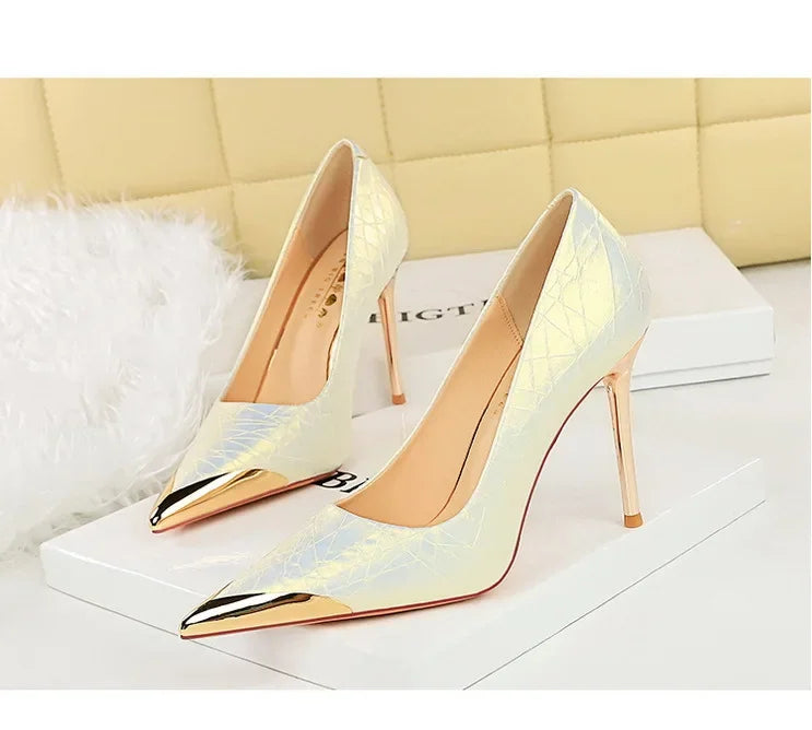 🍒Metalic high heel pumps for women elegant party stillettoe thin heels shoes for occasions party wear footwear GOLDen TIP PUMP Up Your Fashion Volume