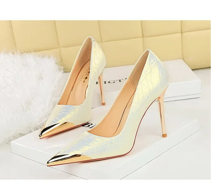 🍒Metalic high heel pumps for women elegant party stillettoe thin heels shoes for occasions party wear footwear GOLDen TIP PUMP Up Your Fashion Volume