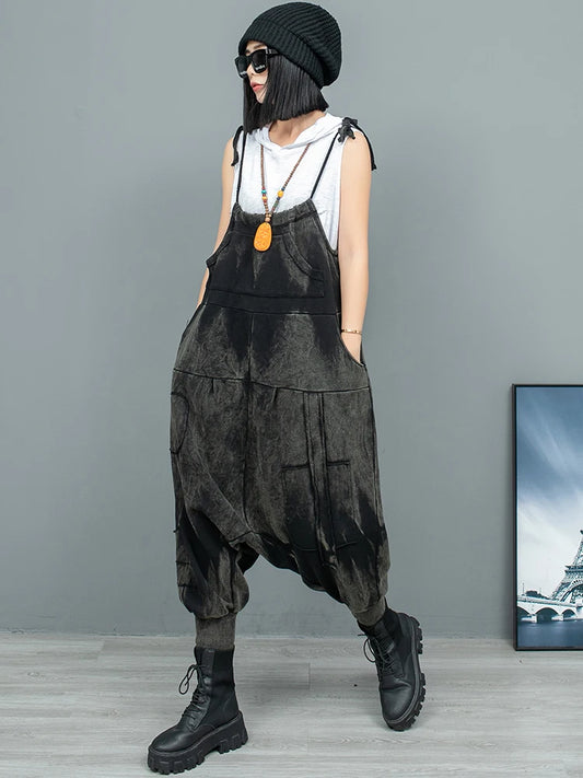 🍒High waist overall jeans black vintage black jeans outfit oversized casual wear women's fashion trousers calf length No Clowning Around Fashion