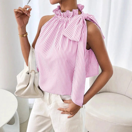 🍒Women shirts sleeveles sweet stripe blouse cute printed summer tops tie bow smart casual attire ladies