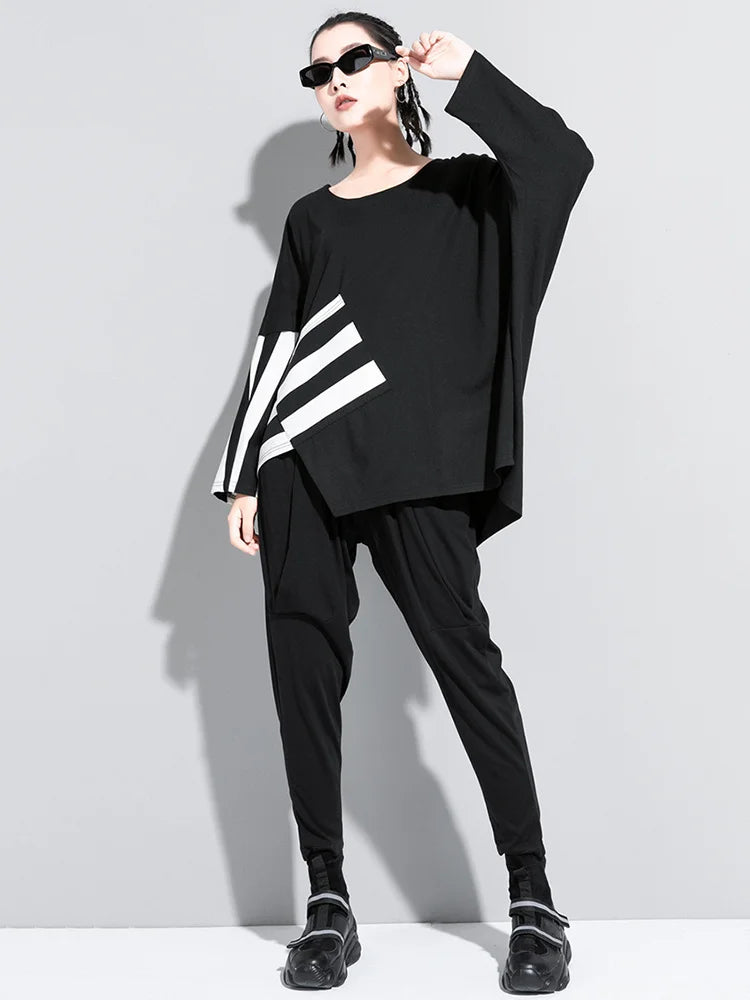 🍒Black and white striped t-shirts Womens baggy black tee with design Irregular big size casual top round neck long Sleeve Fashion wear for spring autumn Get Black To Stripes