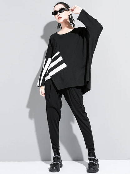 🍒Black and white striped t-shirts Womens baggy black tee with design Irregular big size casual top round neck long Sleeve Fashion wear for spring autumn Get Black To Stripes