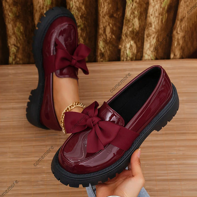 🍒Bow shoes for women's smart casual platform loafers fashion wine red patent leather footwear comfort slip on flat pumps plus size available Bob Along Bows