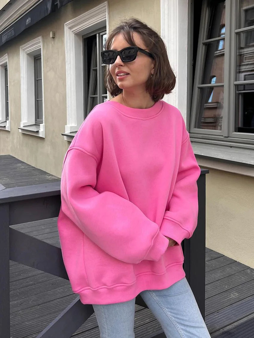 🍒 Oversize sweatshirt solid colour polar fleece tops for women o neck fashion casual wear fashionwear clothing No Sweat Sugar Free Or Sweet
