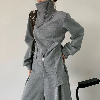 🍒 Solid two piece set smart casual clothing for women cool chic high neck jacket long sleeve zipper top and high waist wide leg pants set female fashion wears Fun Fashion flares