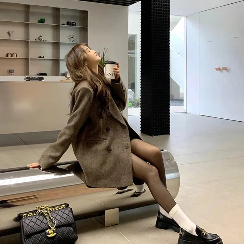 🍒Vintage brown blazer women autumn winter thick warm loose street wear jacket coats Y2K fashion chic double breasted Outerwear  You'll Wear This Out