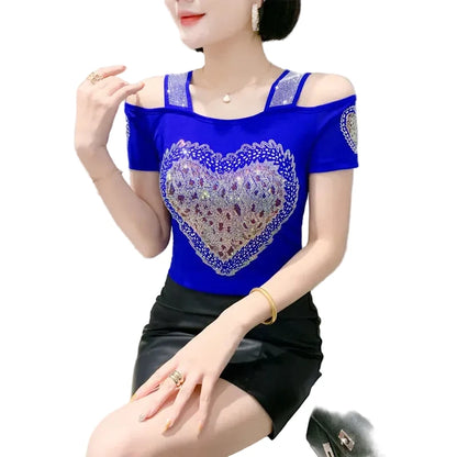🍒Streetwear chic Heart Shaped top diamond t-shirt off shoulder black tee women summer short sleeve mesh tops SEQ And w 'UIN This Heart