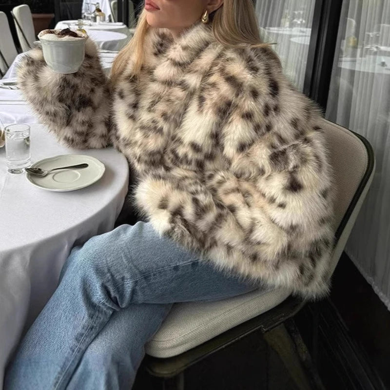 🍒Faux fur coat smart casual outerwear women lapel Collar leopard print jacket with long sleeves Y2k thick warm autumn winter fashion Get SPOTTED In A Showy Snowy