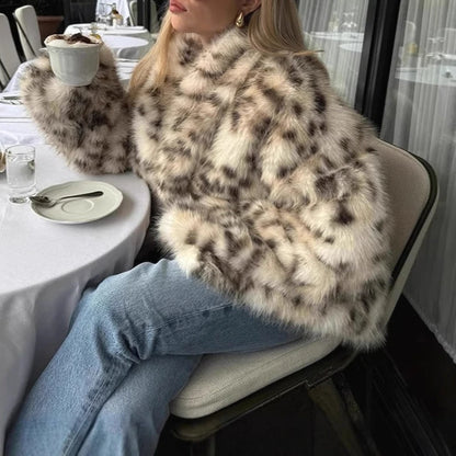🍒Faux fur coat smart casual outerwear women lapel Collar leopard print jacket with long sleeves Y2k thick warm autumn winter fashion Get SPOTTED In A Showy Snowy