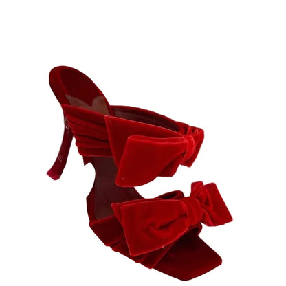 🍒Bow high heel sandals women's open shoes with square toe fashion smart casual footwear party occasion slippers sugar pink velvet pile sandals open toe Stiletto evening heels Bring Out Yor Best Bows