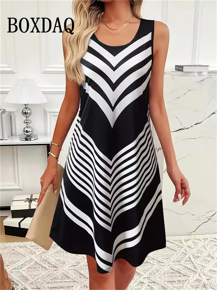 🍒Printed stripe dress summer elegant outfiits women fashion clothing loose sleeveless a-line sundress casual wear plus size ladies