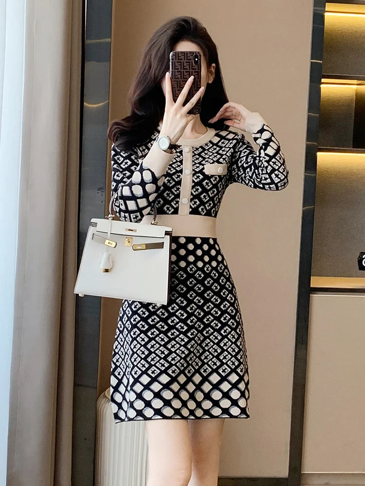 🍒Vintage knitted dress long sleeve mini o-neck autumn/winter Jacquard a-line outfits slim fit smart casual womens clothing breathable viscose Value Vintage