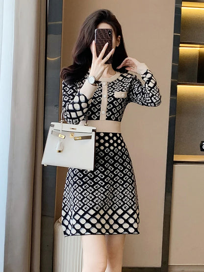 🍒Vintage knitted dress long sleeve mini o-neck autumn/winter Jacquard a-line outfits slim fit smart casual womens clothing breathable viscose Value Vintage
