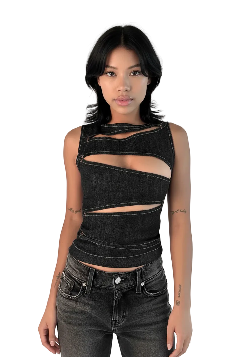 🍒Round neck sleeveless vest solid color crop cut out denim top summer wear for womens trendy fashion