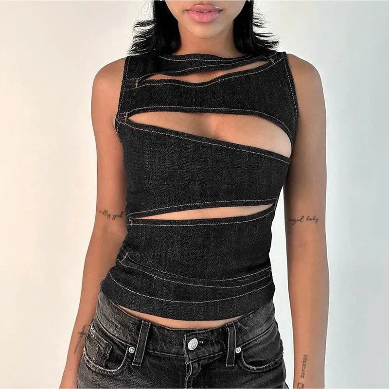 🍒Round neck sleeveless vest solid color crop cut out denim top summer wear for womens trendy fashion