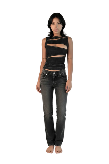🍒Round neck sleeveless vest solid color crop cut out denim top summer wear for womens trendy fashion