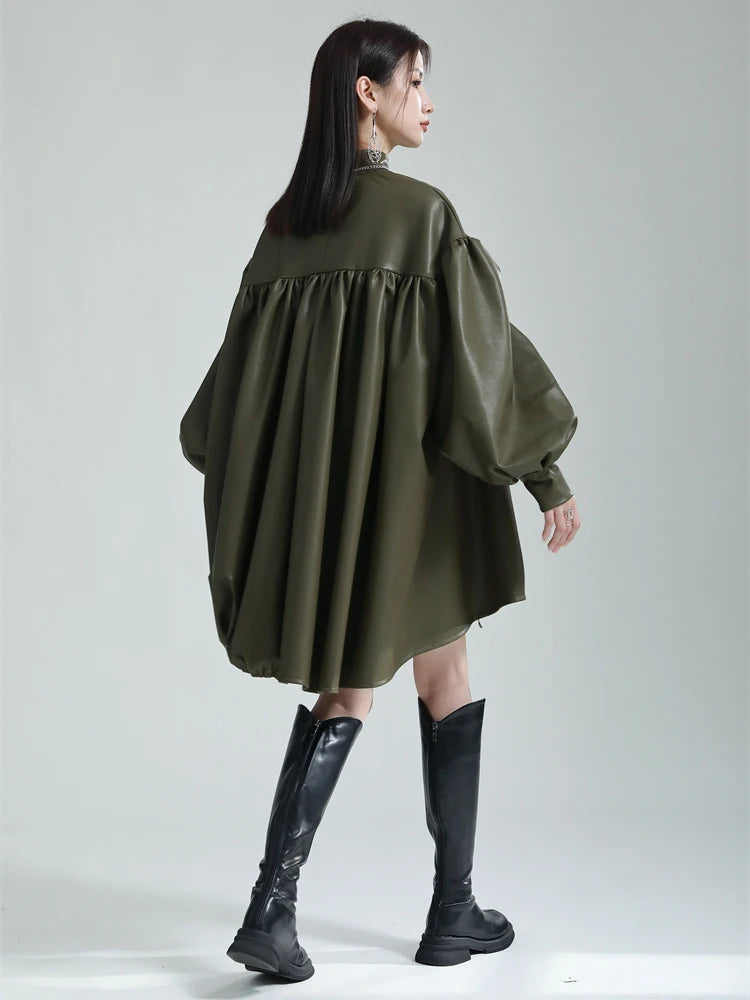 🍒Womens leather top drawstring turtle neck oversize jacket spring autumn fashion long sleeve outwear top smart casual clothing Get Looks In A Leather Look