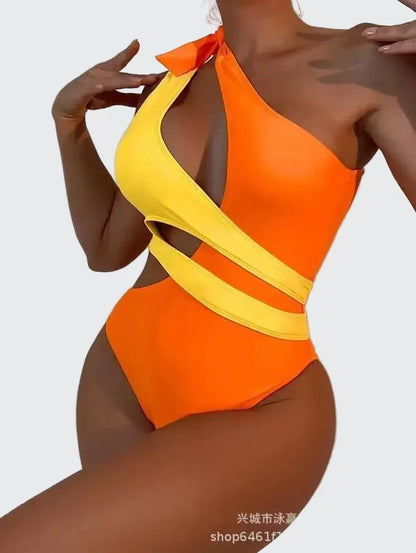 🍒One-piece swimsuit colour block collision single shoulder bathing suit strap design high eastic backless swimwear type european style swimming costume with tie straps  SHOREly CHIC