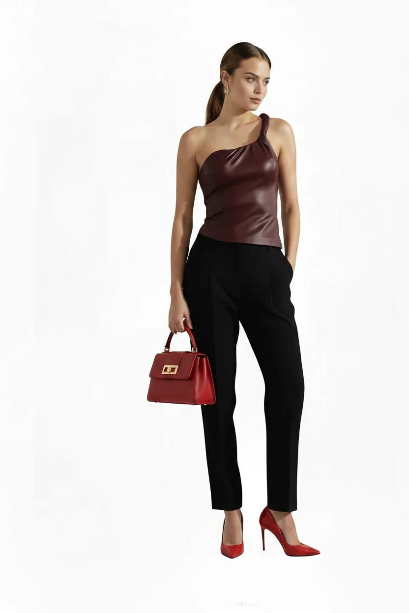🍒Faux leather top summer fashion women wine red pu leather crop top club wear for women skinny fit asymmetric one shoulder tank casual street style Rope Into Leather