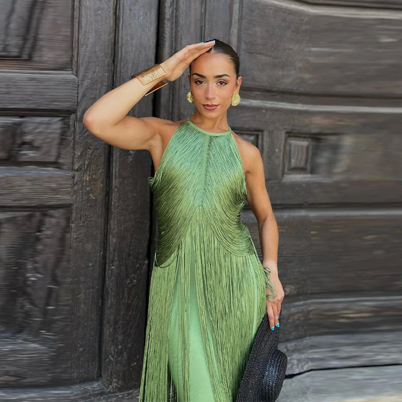 🍒Multi-layer tassel dress women's solid o-neck sleeveless cocktail dress elegant female fashion ball party outfit occasion wear club wear holiday beach party wear No Tossle Tassle