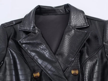 🍒Extra long faux leather trench coat vintage maxi luxury pu double breasted black designer outerwear clothing smart casual Crocodile Style