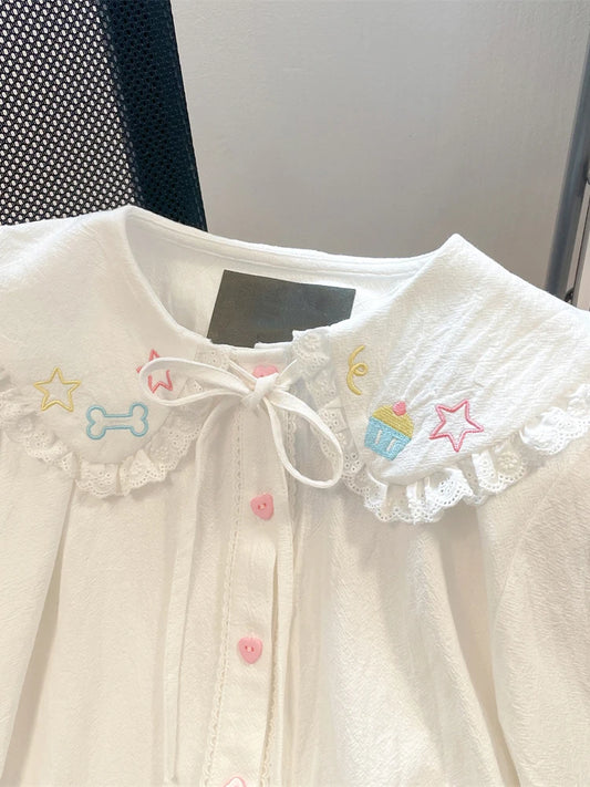 🍒White peter pan collar dress shirts and blouses Y2k aesthetic vintage elegant long sleeve shirt smart casual women party occasion wear