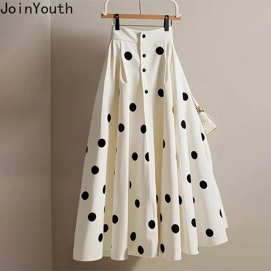 🍒White polka dot skirt midi womens high waist a-line skirt vintage outfit big swing sweet girl  fashion summer clothing smart casual wear Get In The Spotlight With Dots