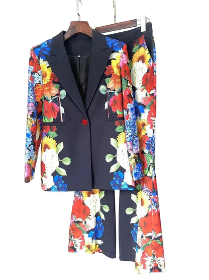 🍒Printed two piece pant set for women lapel long sleeves jacket  blazer and high waist wide leg trouser set floral fashion occasion wear party wear  keep aSIDE of FLORAL and SUITs