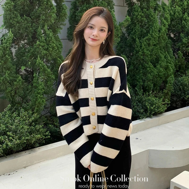 🍒Striped womens cardigan Y2K asthetics sweet knitted jacket retro long sleeve sweater weather clothes spring autumn wear loose casual crop tops Cherri And Cream Stripe Delight