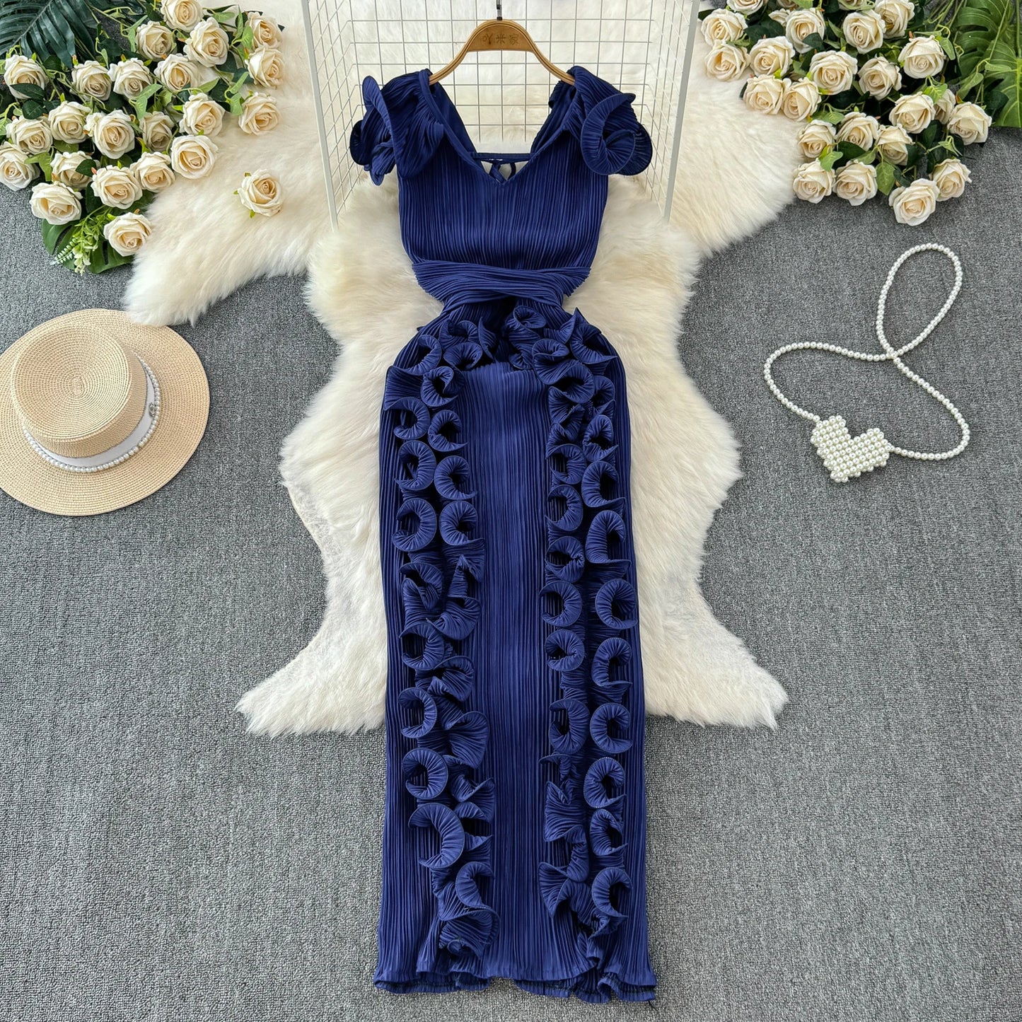 🍒Women's long dress slim fit occasion outfit with 3D pleats and ruffle hem sleeveless fashion wear party wear fashion clothing Look Smooth In Ruff-les